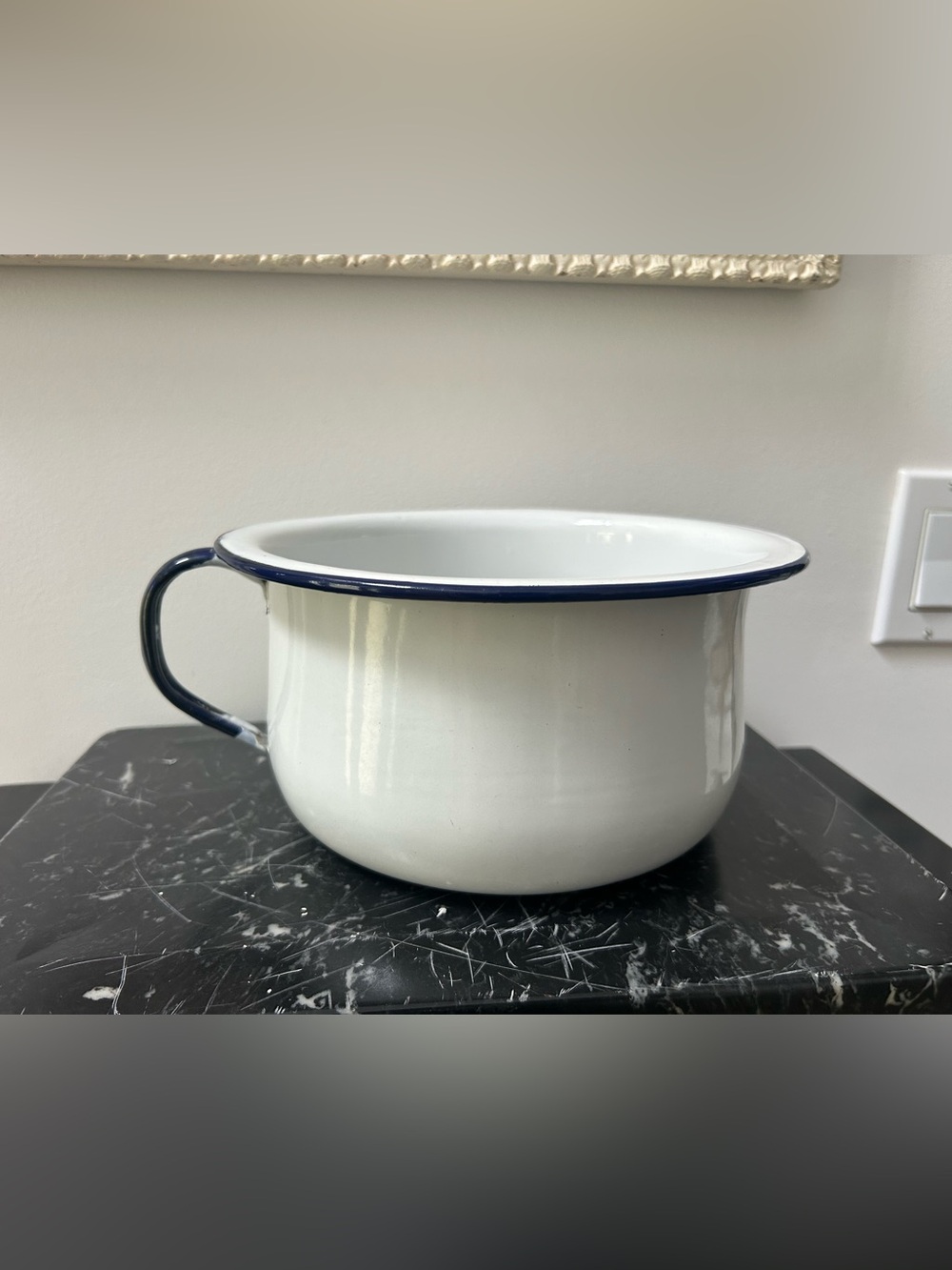 Home Decor Farmhouse Enamel Pot White Navy Rim Planter Vintage Antique